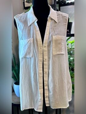 Joie 100% Cotton Sleeveless Button-Front White Sheer Textured Shirt